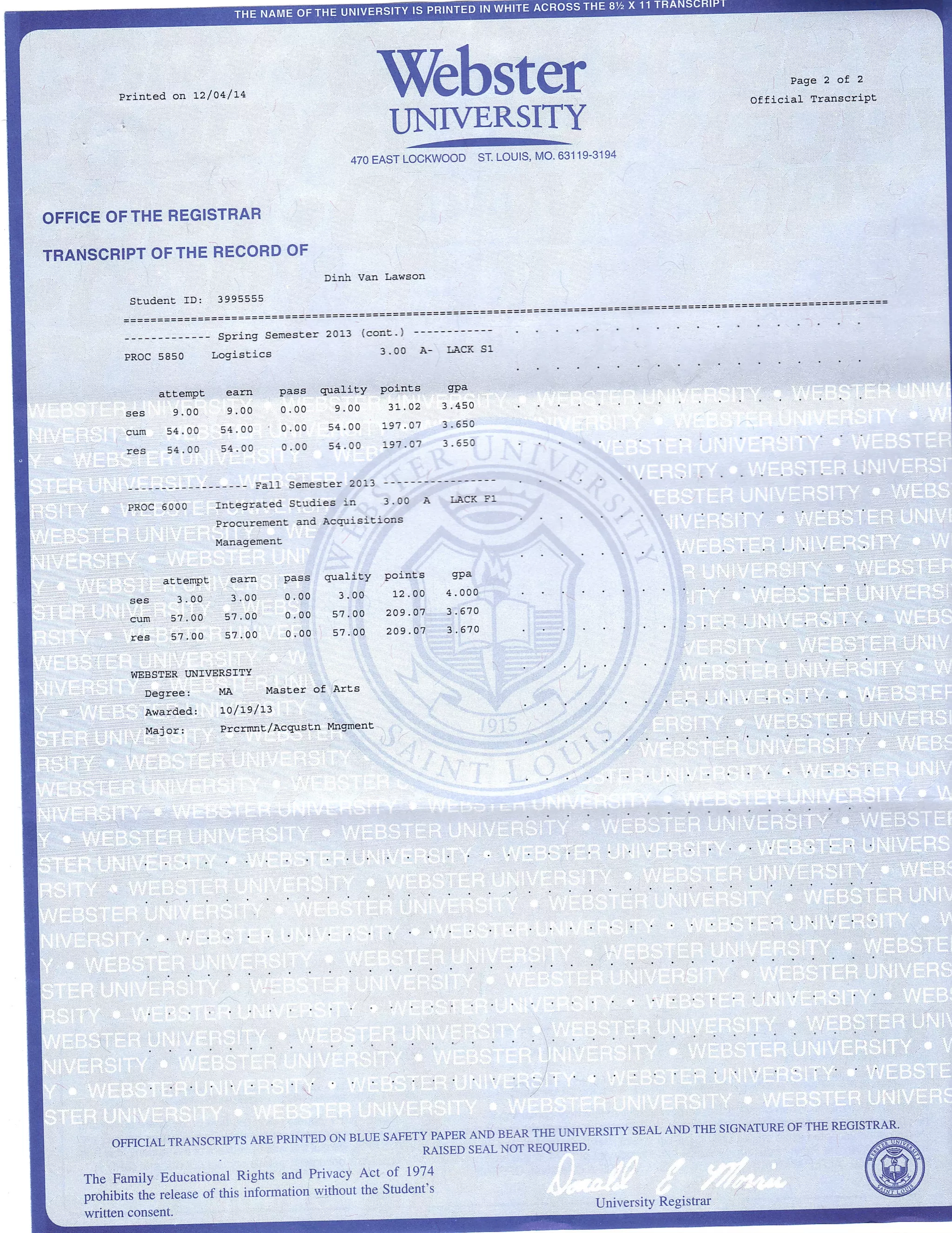 College Transcript MBA and MA | PDF