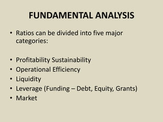 FUNDAMENTAL ANALYSIS
• Ratios can be divided into five major
categories:
• Profitability Sustainability
• Operational Efficiency
• Liquidity
• Leverage (Funding – Debt, Equity, Grants)
• Market
 