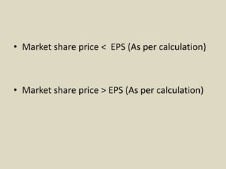 • Market share price < EPS (As per calculation)
• Market share price > EPS (As per calculation)
 