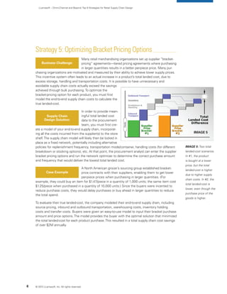 LLamasoft – Omni-Channel and Beyond:Top 9 Strategies for Retail Supply Chain Design
Strategy 5: Optimizing Bracket Pricing Options
Many retail merchandising organizations set up supplier “bracket-
pricing” agreements—tiered pricing agreements where purchasing
in larger quantities results in a better per-piece price. Many pur-
chasing organizations are motivated and measured by their ability to achieve lower supply prices.
This incentive system often leads to an actual increase in a product’s total landed cost, due to
excess storage, handling and transportation costs. It is possible to have unnecessary and
avoidable supply chain costs actually exceed the savings
achieved through bulk purchasing.To optimize the
bracket-pricing option for each product, you must first
model the end-to-end supply chain costs to calculate the
true landed-cost.
In order to provide mean-
ingful total landed cost
data to the procurement
team, you must first cre-
ate a model of your end-to-end supply chain, incorporat-
ing all the costs incurred from the supplier(s) to the store
shelf.The supply chain model will likely then be locked in
place as a fixed network, potentially including alternative
policies for replenishment frequency, transportation mode/container, handling costs (for different
breakdown or stocking options), etc. At that point, the procurement analyst can enter the supplier
bracket pricing options and run the network optimizer to determine the correct purchase amount
and frequency that would deliver the lowest total landed cost.
A North American grocer’s sourcing group established bracket-
price contracts with their suppliers, enabling them to get lower
per-piece prices when purchasing in larger quantities. (For
example, they could buy an item for $1.47/piece in a quantity of 1,000 units; the same item cost
$1.25/piece when purchased in a quantity of 10,000 units.) Since the buyers were incented to
reduce purchase costs, they would delay purchases or buy ahead in larger quantities to reduce
the total spend.
To evaluate their true landed-cost, the company modeled their end-to-end supply chain, including
source pricing, inbound and outbound transportation, warehousing costs, inventory holding
costs and transfer costs. Buyers were given an easy-to-use model to input their bracket purchase
amount and price options.The model provides the buyer with the optimal solution that minimized
the total landed-cost for each product purchase.This resulted in a total supply chain cost savings
of over $2M annually.
Business Challenge:
Supply Chain
Design Solution:
Case Example
© 2013 LLamasoft, Inc. All rights reserved.6
Image 5
IMAGE 5: Two total
landed-cost scenarios.
In #1, the product
is bought at a lower
price, but the total
landed-cost is higher
due to higher supply
chain costs. In #2, the
total landed-cost is
lower, even though the
purchase price of the
goods is higher.
 