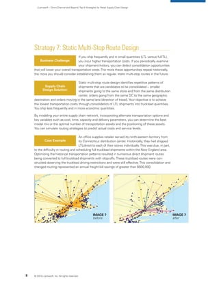 LLamasoft – Omni-Channel and Beyond:Top 9 Strategies for Retail Supply Chain Design
Strategy 7: Static Multi-Stop Route Design
If you ship frequently and in small quantities (LTL versus fullTL),
you incur higher transportation costs. If you periodically examine
your shipment history, you can detect consolidation opportunities
that will lower your overall transportation costs.The more these opportunities repeat historically,
the more you should consider establishing them as regular, static multi-stop routes in the future.
Static multi-stop route design identifies repetitive patterns of
shipments that are candidates to be consolidated -- smaller
shipments going to the same store and from the same distribution
center, orders going from the same DC to the same geographic
destination and orders moving in the same lane (direction of travel).Your objective is to achieve
the lowest transportation costs through consolidation of LTL shipments into truckload quantities.
You ship less frequently and in more economic quantities.
By modeling your entire supply chain network, incorporating alternate transportation options and
key variables such as cost, time, capacity and delivery parameters, you can determine the best
modal mix or the optimal number of transportation assets and the positioning of these assets.
You can simulate routing strategies to predict actual costs and service levels.
An office supplies retailer served its north-eastern territory from
its Connecticut distribution center. Historically, they had shipped
LTL-direct to each of their stores individually.This was due, in part,
to the difficulty in routing and scheduling full truckload shipments within the New England area.
Optimizing the historical transportation patterns resulted in numerous direct shipment routes
being converted to full truckload shipments with stop-offs.These truckload routes were con-
structed observing the truckload driving restrictions and were still effective.This consolidation and
changed routing represented an annual freight bill savings of greater than $500,000.
Business Challenge:
Supply Chain
Design Solution:
Case Example
© 2013 LLamasoft, Inc. All rights reserved.8
Image 7
after
Image 7
before
 