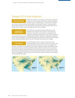 LLamasoft – Omni-Channel and Beyond:Top 9 Strategies for Retail Supply Chain Design
Strategy 8: DC to Store Assignment
Distribution networks must evolve as volumes grow. Distribution
centers have finite capacities and delivery routes have distance
limitations. As your network grows, it is beneficial to evaluate if
your network would be better-served by adding more distribution centers in strategic areas to
reduce overall supply chain costs. Balancing DC workload and reducing transport distances can
actually result in savings, even when additional facility costs are added.
Your objective is to achieve the lowest supply chain cost by
determining the proper DC service areas—which stores are
served from which DCs. An optimization model balances DC
capacity and handling and transportation costs. It also considers the
impact of adding key new DCs in strategic areas to shorten supply lines and balance DC capacities.
As with inbound consolidation, the DC-to-Store Assignment optimization model identifies the tipping
point by evaluating and balancing all of the costs, then determining the optimum strategy.
A national retailer served its network of stores from three
primary distribution centers in Boston, Houston and Denver, with
outsourced distribution capacity in Chicago, Los Angeles, San
Francisco, and Seattle.They realized that some of their supply lines were unreasonably long. By
optimizing their network, they discovered that adding a new DC in Atlanta and in-sourcing and
growing the Chicago DC operation allowed them to save significantly on transportation costs by
shortening and rationalizing supply lines and by balancing DC capacities. Determining the proper
network configuration to serve the stores and to achieve the lowest total landed costs resulted in
net savings of $6.2M annually.
Business Challenge:
Supply Chain
Design Solution:
Case Example
© 2013 LLamasoft, Inc. All rights reserved.9
Image 8
after
Image 8
before
 