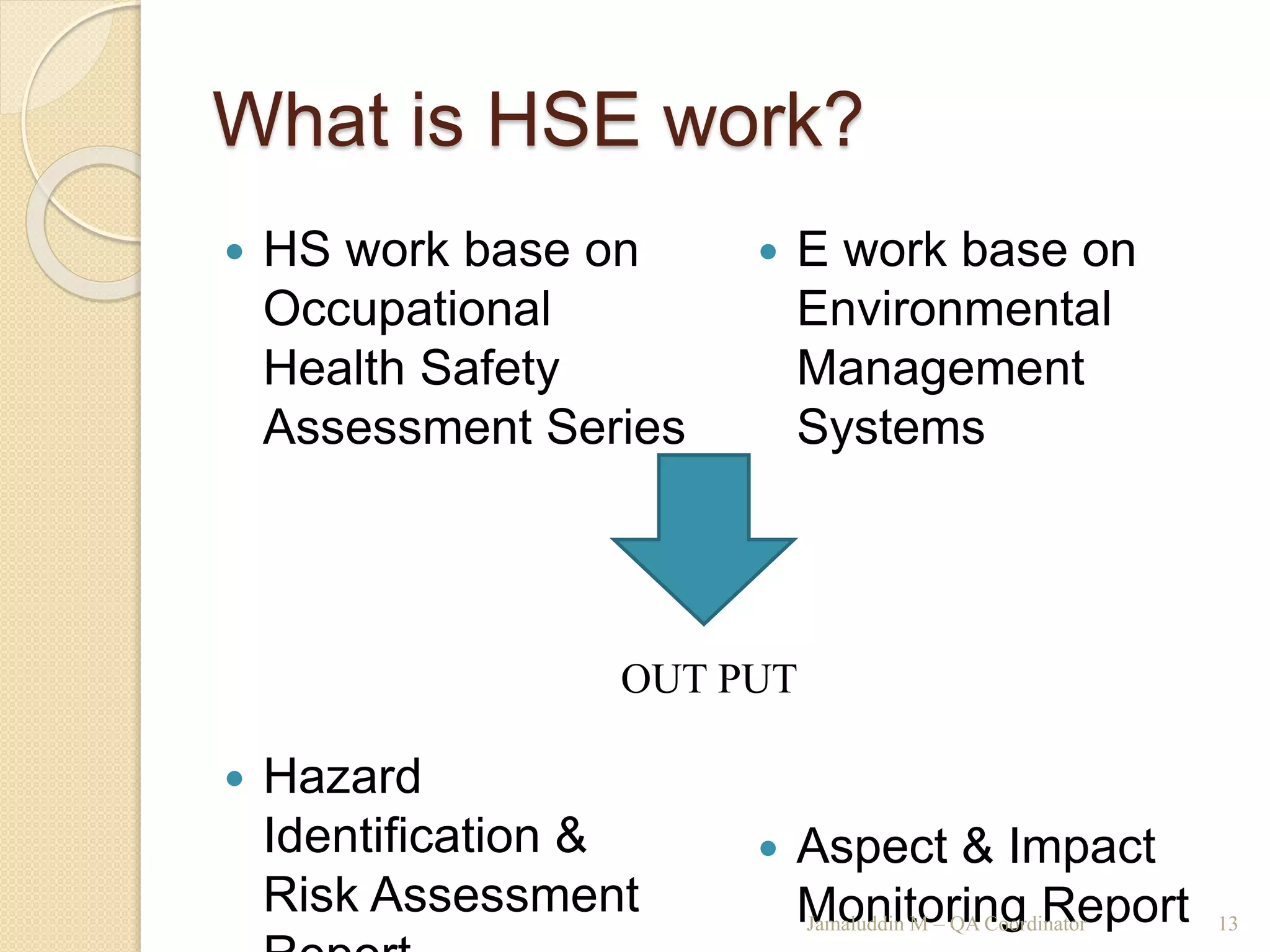 What is HSE work?
 HS work base on
Occupational
Health Safety
Assessment Series
 Hazard
Identification &
Risk Assessment
 E work base on
Environmental
Management
Systems
 Aspect & Impact
Monitoring ReportJamaluddin M – QA Coordinator 13
OUT PUT
 