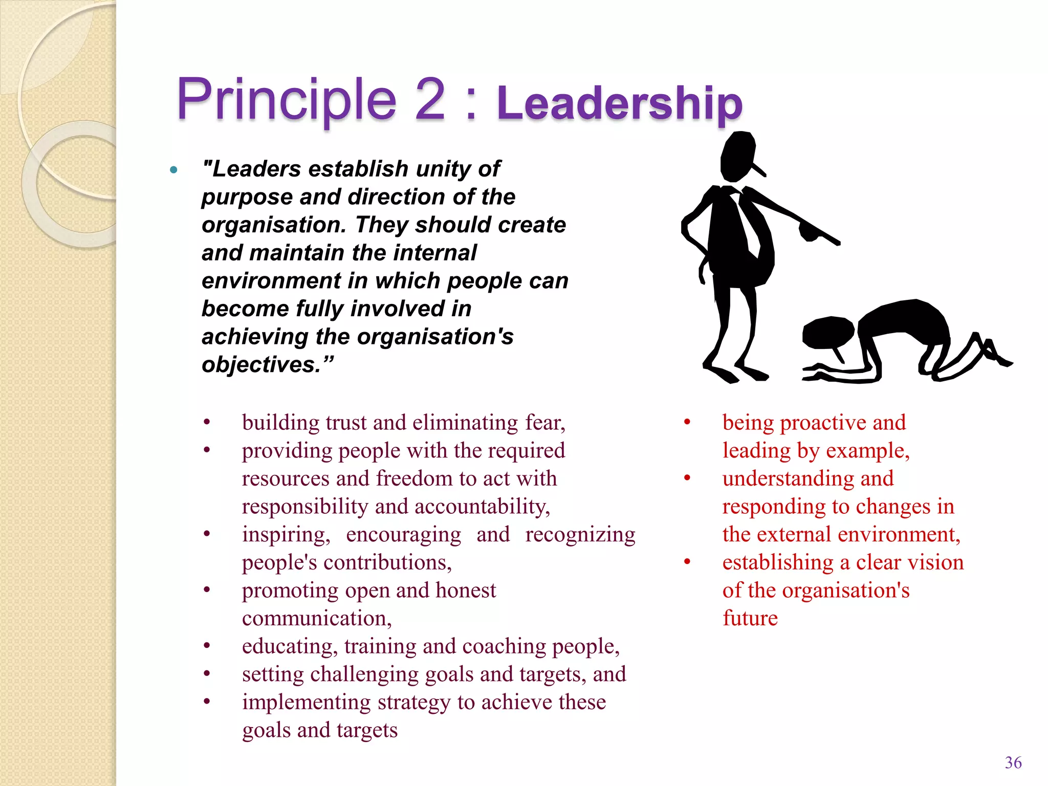 Principle 2 : Leadership
36
 "Leaders establish unity of
purpose and direction of the
organisation. They should create
and maintain the internal
environment in which people can
become fully involved in
achieving the organisation's
objectives.”
• being proactive and
leading by example,
• understanding and
responding to changes in
the external environment,
• establishing a clear vision
of the organisation's
future
• building trust and eliminating fear,
• providing people with the required
resources and freedom to act with
responsibility and accountability,
• inspiring, encouraging and recognizing
people's contributions,
• promoting open and honest
communication,
• educating, training and coaching people,
• setting challenging goals and targets, and
• implementing strategy to achieve these
goals and targets
 