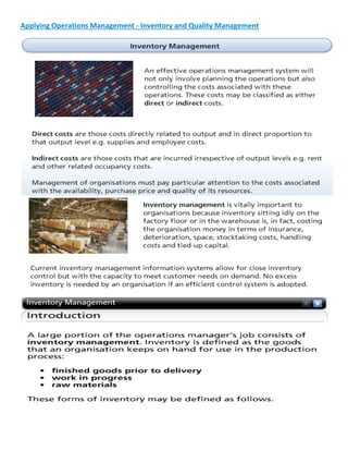 Applying Operations Management - Inventory and Quality Management
 