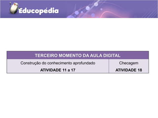 TERCEIRO MOMENTO DA AULA DIGITAL
Construção do conhecimento aprofundado

Checagem

ATIVIDADE 11 a 17

ATIVIDADE 18

 