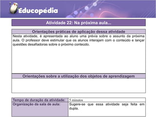 Atividade 22: Na próxima aula...
Orientações práticas de aplicação dessa atividade
Nesta atividade, é apresentada ao aluno uma prévia sobre o assunto da próxima
aula. O professor deve estimular que os alunos interajam com o conteúdo e lançar
questões desafiadoras sobre o próximo conteúdo.

Orientações sobre a utilização dos objetos de aprendizagem

Tempo de duração da atividade:
Organização da sala de aula:

5 minutos
Sugere-se que essa atividade seja feita em
dupla.

 