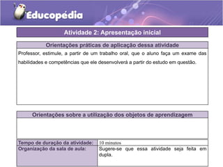 Atividade 2: Apresentação inicial
Orientações práticas de aplicação dessa atividade
Professor, estimule, a partir de um trabalho oral, que o aluno faça um exame das
habilidades e competências que ele desenvolverá a partir do estudo em questão.

Orientações sobre a utilização dos objetos de aprendizagem

Tempo de duração da atividade:
Organização da sala de aula:

10 minutos
Sugere-se que essa atividade seja feita em
dupla.

 