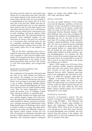 RIPARIAN BIRDS OF PORTLAND, OREGON 291
dius plots near the stream for each point-count
station (6% of total point-count area). One plot
was located adjacent to the stream at the point-
count station, and the other two were located 15
m perpendicular to the stream and 25 m from
each side of the ﬁrst plot. Within each plot we
visually estimated total cover in each vegetation
layer; percent total for each plant species; per-
cent native and non-native cover in herbaceous,
shrub, and tree canopy layers; and percent cover
of trails, buildings, and paved surfaces within
each vegetation plot. The experienced ﬁeld crew
practiced visual estimation together for one
week prior to surveys. Our goal was consisten-
cy: a two-person team surveyed each site and
we continually alternated team members and
calibrated estimates to reduce observer bias. We
were usually within 10% of one another’s esti-
mates.
Data for the three vegetation plots were av-
eraged for each point-count station, then stations
were averaged to yield site-level habitat infor-
mation. We measured total forest width (stream
excluded) perpendicular to the stream at each
point-count station using ArcView GIS Version
3.1 and 1999 aerial photos, and averaged data
by site.
MEASURES OF DEVELOPMENT AND
NATURAL LAND COVER
The combination of site-speciﬁc information and
the scale of our study limited our land-cover
data sources. For example, we were unable to
use U.S. Census Bureau data because the census
blocks were too large to accurately characterize
a site or buffer. Calculating building density
would have required hand-digitizing all struc-
tures, and many were not visible beneath canopy
cover. Thus, for onsite urbanization, we esti-
mated the percent cover of buildings, human
trails, and paved surfaces in vegetation plots.
We used three measures for larger-scale anal-
yses: satellite imagery canopy cover (24-m ras-
ters), the proportion of undeveloped lands (mea-
sured annually by Metro), and paved road den-
sity, a surrogate measure for urbanization. In the
Puget Sound region of Washington State, which
is similar in terms of ecology and urban devel-
opment to our study area (although a larger ur-
ban region), transit systems account for over
60% of pavement in urbanized watersheds and
provide a viable indicator of the intensity of ur-
banization and associated negative ecological
impacts on streams and wildlife (May et al.
1997, May and Horner 2000).
SPATIAL ANALYSES
To assess the spatial inﬂuence of tree canopy
cover and development variables on bird com-
munities, we drew ten buffers at 50-m-radius in-
crements, centered on the stream, around each
study site using ArcView GIS version 3.1 (En-
vironmental Systems Research Institute 1998).
Once buffered, some of our sites overlapped. We
minimized this problem of nonindependence by
discarding one site in each pair of sites with
more than 10% overlap, selecting the discard to
maximize spatial distribution of the remaining
sites. Six sites were removed and the remaining
48 sites were retained for spatial analyses. We
used separate buffers (i.e., larger-radius buffers
did not include the area already measured by
smaller-radius buffers) to further minimize spa-
tial nonindependence. For example, the ﬁrst
buffer covered 50 m laterally along each side of
the stream reach, the second buffer covered 50–
100 m, and so on until each side of the stream
was buffered out to 500 m.
Metro’s 1998 canopy cover GIS layer (24-m
raster resolution satellite imagery) generalized
each raster into four canopy cover classes (0–
25%, 26–50%, 51–75%, and 76–100%; Metro
Regional Services 2003). Adjacent same-class
pixels were aggregated and converted to poly-
gons in a shape ﬁle; polygons could then be
‘‘clipped’’ to precisely ﬁt site buffers. We cal-
culated average canopy cover class for each
buffer. We used canopy cover instead of riparian
corridor width for spatial analyses because nar-
row corridors fell only within the ﬁrst 50-m
buffer, whereas satellite canopy cover could be
calculated for every buffer.
STATISTICAL ANALYSES
Canonical correspondence analysis. We per-
formed Canonical Correspondence Analysis
(CCA) using PC-ORD v. 4.20 (McCune and
Mefford 1999) to linearly relate multiple re-
sponse and explanatory variables (ter Braak
1986, Palmer 1993). Three of our 54 study sites
were missing one or more data values because
no aerial photographs were available, and were
omitted from this portion of the analysis. We
retained all CCA axes that explained more than
10% of variation in the data.
 