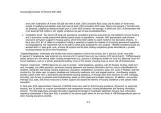 Housing Opportunities for Persons With AIDS
X-4
areas with a population of at least 500,000 and with at least 1,500 cumulative AIDS cases, and to states for those areas
outside of qualifying metropolitan areas that have at least 1,500 cumulative AIDS cases. Twenty-five percent of formula funds
are allocated to eligible jurisdictions based upon a 3-year AIDS incidence rate average. In fiscal year 2015, HUD estimates that
it will award $298.8 million to 137 eligible jurisdictions as part of area Consolidated Plans.
 Competitive funds. Ten percent of funds are awarded as competitive grants to areas that are not eligible for formula funding
and to innovative, model projects that address special issues or populations. However, HUD appropriation acts prioritize
renewal of permanent supportive housing grants, which limits HUD’s ability to award funds for new innovative projects. In
fiscal year 2015, $33.2 million in competitive funding is expected to support the renewal of 28 expiring permanent supportive
housing programs; the Department will not be able to solicit grant proposals for new projects. HOPWA competitive grants are
awarded with a 3-year grant cycle, so these 28 projects and 66 other existing competitive grants will continue to provide
housing assistance to low-income households.
Targeted Population. Individuals and families that receive assistance must be low-income, and in practice, results show that
81 percent of beneficiaries have extremely low incomes and 15 percent have very low incomes (0-50 percent AMI). HOPWA housing
assists persons who are without stable housing arrangements (e.g., persons in emergency shelters or living in a place not meant for
human habitation, such as a vehicle, abandoned building, living on the streets, including those at severe risk of homelessness).
Program Components. HOPWA resources are used to provide: rental assistance; operating costs for housing facilities; short-term
rent, mortgage, and utility payments; permanent housing placement and housing information services; resource identification (to
establish, coordinate and develop housing assistance); acquisition, rehabilitation, conversion, lease, and repair of facilities; and new
construction (for single room occupancy dwellings and community residences only) and support services. Area housing projects
provide support in the form of permanent and transitional housing assistance, or through short-term payments for rent, mortgage,
and utility costs to help households avoid homelessness, based on client needs and available resources. In addition, communities
leverage local, state, and private resources to further support and expand the delivery of housing assistance to this special needs
population.
In fiscal year 2013, approximately 67 percent of HOPWA funds were used for direct housing assistance, 20 percent on supportive
services, and 13 percent on program administration and management services, housing development, and housing information
services. The first graph below provides information regarding percentage of households assisted by housing type. Information
regarding expenditures in fiscal year 2013 is provided in the second graph below for the two-thirds of HOPWA expenditures spent on
direct housing assistance activities.
 