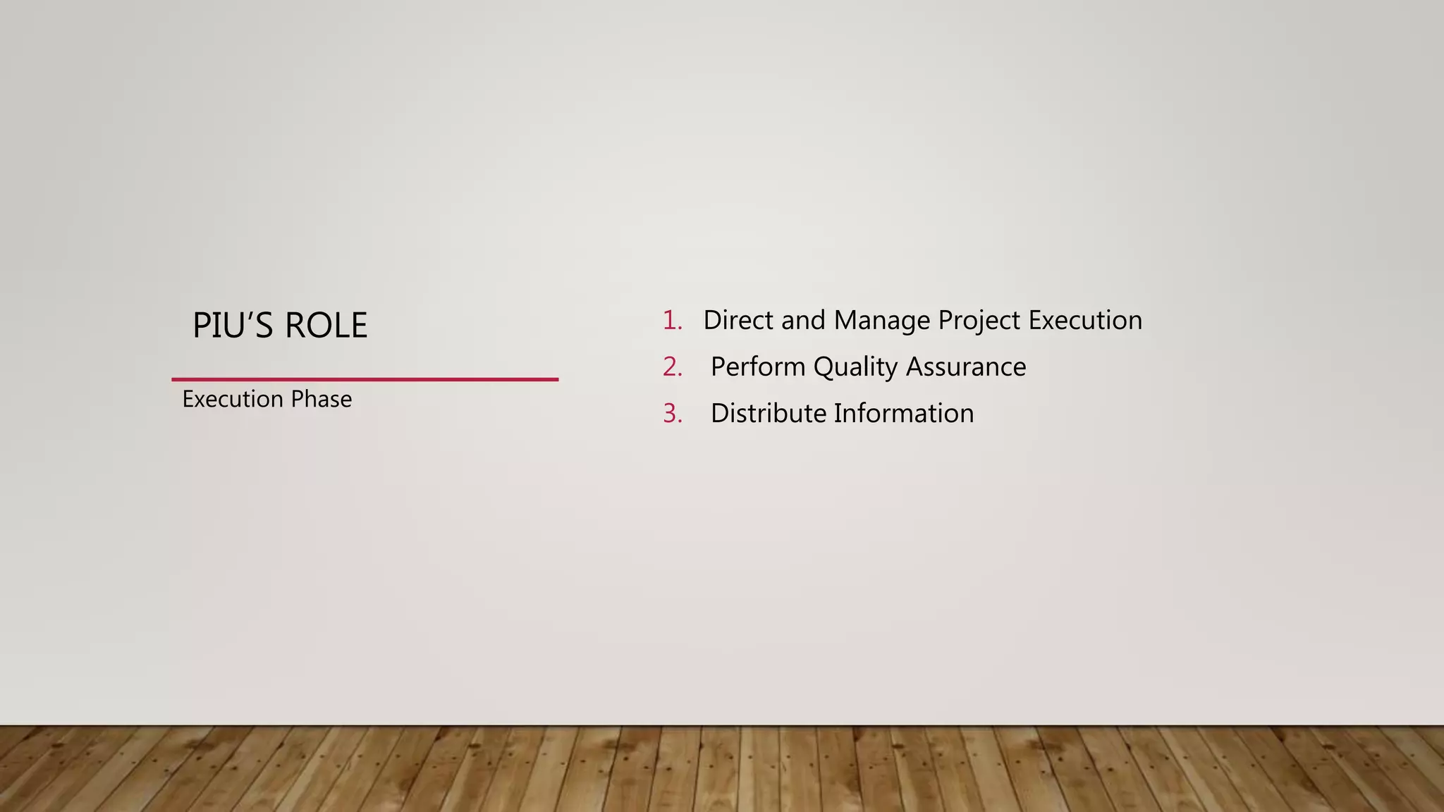 PIU’S ROLE 1. Direct and Manage Project Execution
2. Perform Quality Assurance
3. Distribute Information
Execution Phase
 