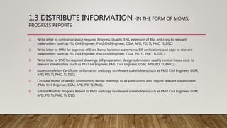 1.3 DISTRIBUTE INFORMATION -IN THE FORM OF MOMS,
PROGRESS REPORTS
1. Write letter to contractor about required Progress, Quality, EHS, extension of BGs and copy to relevant
stakeholders (such as PIU Civil Engineer, PMU Civil Engineer, CGM, APD, PD, TL PMC, TL DSC)
2. Write letter to PMU for approval of Extra Items, Variation statements, Bill verifications and copy to relevant
stakeholders (such as PIU Civil Engineer, PMU Civil Engineer, CGM, PD, TL PMC, TL DSC).
3. Write letter to DSC for required drawings, bill preparation, design submission, quality control issues copy to
relevant stakeholders (such as PIU Civil Engineer, PMU Civil Engineer, CGM, APD, PD, TL PMC,)
4. Issue completion Certificate to Contactor and copy to relevant stakeholders (such as PMU Civil Engineer, CGM,
APD, PD, TL PMC, TL DSC)
5. Circulate MoMs of weekly and monthly review meetings to all participants and copy to relevant stakeholders
(PMU Civil Engineer, CGM, APD, PD, TL PMC).
6. Submit Monthly Progress Report to PMU and copy to relevant stakeholders (such as PMU Civil Engineer, CGM,
APD, PD, TL PMC, TL DSC)
 