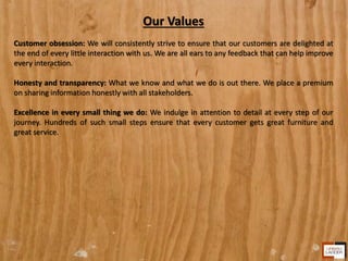 Our Values
Customer obsession: We will consistently strive to ensure that our customers are delighted at
the end of every little interaction with us. We are all ears to any feedback that can help improve
every interaction.
Honesty and transparency: What we know and what we do is out there. We place a premium
on sharing information honestly with all stakeholders.
Excellence in every small thing we do: We indulge in attention to detail at every step of our
journey. Hundreds of such small steps ensure that every customer gets great furniture and
great service.
 