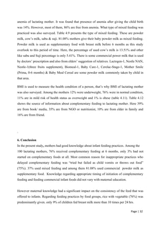 anemia of lactating mother. It was found that presence of anemia after giving the child birth
was 14%. However, most of them, 86% are free from anemia. What type of mixed feeding was
practiced was also surveyed. Table 4.9 presents the type of mixed feeding. These are powder
milk, cow’s milk, sabu & suji. 81.08% mothers give their baby powder milk as mixed feeding.
Powder milk is used as supplementary food with breast milk before 6 months as this study
overlook to this period of time. Here, the percentage of used cow’s milk is 13.51% and other
like sabu and Suji percentage is only 5.41%. There is some commercial power milk that is used
by doctors’ prescription and also from elders’ suggestion of relatives. Lactogen-1, Nestle NAN,
Nestle-1(three fruits supplement), Biomeal-1, Baby Care-1, Cerelac-Stage-1, Mother Smile
(Prima, 0-6 months) & Baby Meal Cereal are some powder milk commonly taken by child in
that area.
BMI is used to measure the health condition of a person, that’s why BMI of lactating mother
was also surveyed. Among the mothers 12% were underweight, 76% were in normal condition,
11% are in mild risk of health status as overweight and 1% is obese (table 4.11). Table 4.12
shows the source of information about complementary feeding to lactating mother. Here 39%
are from book/ media, 35% are from NGO or nutritionist, 10% are from elder in family and
16% are from friend.
.
6. Conclusion
In the present study, mothers had good knowledge about infant feeding practices. Among the
100 lactating mothers, 76% received complementary feeding at 6 months, only 3% had not
started on complementary foods at all. Most common reason for inappropriate practices who
delayed complementary feeding was “tried but failed as child vomits or throws out food”
(75%). 37% used mixed feeding and among them 81.08% used commercial powder milk as
supplementary food. Knowledge regarding appropriate timing of initiation of complementary
feeding and feeding commercial infant foods did not vary with maternal education.
However maternal knowledge had a significant impact on the consistency of the feed that was
offered to infants. Regarding feeding practices by food groups, rice with vegetable (76%) was
predominantly given. only 9% of children fed breast milk more than 10 times per 24 hrs.
Page | 32
 