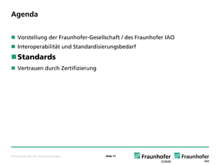 Agenda


     Vorstellung der Fraunhofer-Gesellschaft / des Fraunhofer IAO
     Interoperabilität und Standardisierungsbedarf
     Standards
     Vertrauen durch Zertifizierung




© Fraunhofer IAO, IAT Universität Stuttgart   Slide 17
 