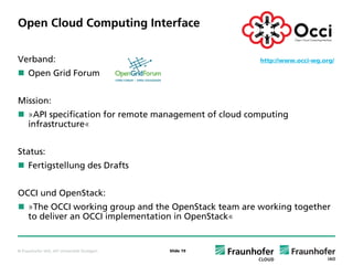 Open Cloud Computing Interface


Verband:                                                 http://www.occi-wg.org/

     Open Grid Forum


Mission:
     »API specification for remote management of cloud computing
     infrastructure«


Status:
     Fertigstellung des Drafts


OCCI und OpenStack:
     »The OCCI working group and the OpenStack team are working together
     to deliver an OCCI implementation in OpenStack«


© Fraunhofer IAO, IAT Universität Stuttgart   Slide 19
 