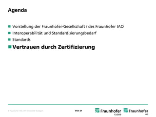 Agenda


     Vorstellung der Fraunhofer-Gesellschaft / des Fraunhofer IAO
     Interoperabilität und Standardisierungsbedarf
     Standards
     Vertrauen durch Zertifizierung




© Fraunhofer IAO, IAT Universität Stuttgart   Slide 21
 