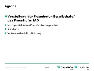 Agenda


     Vorstellung der Fraunhofer-Gesellschaft /
     des Fraunhofer IAO
     Interoperabilität und Standardisierungsbedarf
     Standards
     Vertrauen durch Zertifizierung




© Fraunhofer IAO, IAT Universität Stuttgart   Slide 2
 