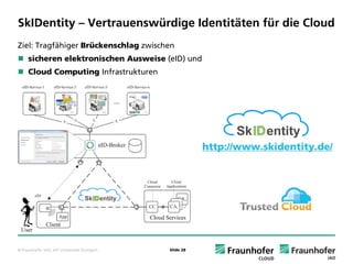 SkIDentity – Vertrauenswürdige Identitäten für die Cloud
Ziel: Tragfähiger Brückenschlag zwischen
     sicheren elektronischen Ausweise (eID) und
     Cloud Computing Infrastrukturen




                                                         http://www.skidentity.de/




© Fraunhofer IAO, IAT Universität Stuttgart   Slide 28
 