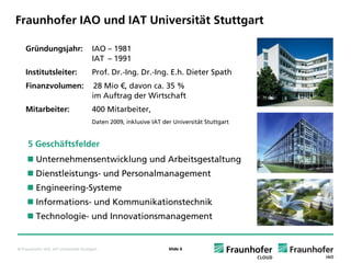 Fraunhofer IAO und IAT Universität Stuttgart

    Gründungsjahr:                      IAO – 1981
                                        IAT – 1991
    Institutsleiter:                    Prof. Dr.-Ing. Dr.-Ing. E.h. Dieter Spath
    Finanzvolumen:                       28 Mio €, davon ca. 35 %
                                        im Auftrag der Wirtschaft
    Mitarbeiter:                        400 Mitarbeiter,
                                        Daten 2009, inklusive IAT der Universität Stuttgart


     5 Geschäftsfelder
         Unternehmensentwicklung und Arbeitsgestaltung
         Dienstleistungs- und Personalmanagement
         Engineering-Systeme
         Informations- und Kommunikationstechnik
         Technologie- und Innovationsmanagement


© Fraunhofer IAO, IAT Universität Stuttgart                         Slide 6
 