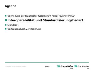 Agenda


     Vorstellung der Fraunhofer-Gesellschaft / des Fraunhofer IAO
     Interoperabilität und Standardisierungsbedarf
     Standards
     Vertrauen durch Zertifizierung




© Fraunhofer IAO, IAT Universität Stuttgart   Slide 10
 