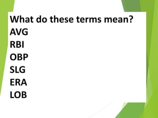 What do these terms mean?
AVG
RBI
OBP
SLG
ERA
LOB
 