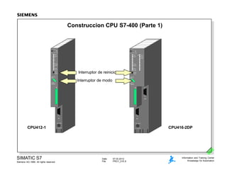 Date: 07.03.2012
File: PRO1_01E.8
SIMATIC S7
Siemens AG 1999. All rights reserved.
Information and Training Center
Knowledge for Automation
Construccion CPU S7-400 (Parte 1)
EXT.-BATT.
5...15V DC
X3
X1
414 - 2XG00 - 0AB0
CPU 414-2
X 2
3 4
INTF
EXTF
STOP
RUN
CRST
FRCE
CRST
WRST
RUN-P
RUN
STOP
CMRES
INTF
EXTF
BUSF
DP
EXT.-BATT.
5...15V DC
X1
421 - 1BL00 - 0AA0
DI 32xDC24V
X 2
3 4
INTF
EXTF
STOP
RUN
CRST
FRCE
CRST
WRST
RUN-P
RUN
STOP
CMRES
Interruptor de reinicio
Interruptor de modo
CPU412-1 CPU416-2DP
 