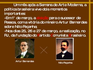 Um mês após a Semana de Arte Moderna, a política brasileira vive dois momentos importantes:  -Em 1° de março, a  eleição  para o sucessor de Pessoa, com a vitória do mineiro Artur Bernardes sobre Nilo Peçanha;  -Nos dias 25, 26 e 27 de março, a realização, no RJ, da fundação do  P artido  C omunista  B rasileiro. Artur Bernardes Nilo Peçanha 