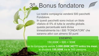 3º- Bonus fondatore
La nostra compagnia venderà 500 pacchetti
Fondatore.
In questi pacchetti sono inclusi un titolo
vitalizio di 5% di tutta la vendita globale.
questa percentuale sarà divisa
trimestralmente tra i 500 “FONDATORI” che
saranno attivi con almeno 50 punti
ESEMPIO:
se la compagnia vende 3.000.000€ NETTI entro tre mesi,
si dividerà 150.000€ tra le 500 persone.
150.000€ ÷ 500 = 300€
 