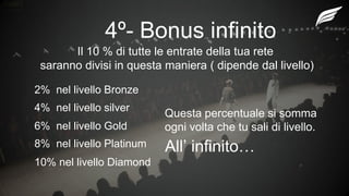 4º- Bonus infinito
Il 10 % di tutte le entrate della tua rete
saranno divisi in questa maniera ( dipende dal livello)
2% nel livello Bronze
4% nel livello silver
6% nel livello Gold
8% nel livello Platinum
10% nel livello Diamond
All’ infinito…
Questa percentuale si somma
ogni volta che tu sali di livello.
 