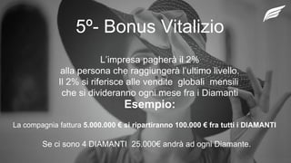5º- Bonus Vitalizio
L’impresa pagherà il 2%
alla persona che raggiungerà l’ultimo livello.
Il 2% si riferisce alle vendite globali mensili
che si divideranno ogni mese fra i Diamanti
La compagnia fattura 5.000.000 € si ripartiranno 100.000 € fra tutti i DIAMANTI
Se ci sono 4 DIAMANTI 25.000€ andrà ad ogni Diamante.
Esempio:
 