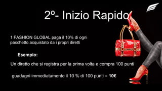 2º- Inizio Rapido
1 FASHION GLOBAL paga il 10% di ogni
pacchetto acquistato da i propri diretti
Esempio:
Un diretto che si registra per la prima volta e compra 100 punti
guadagni immediatamente il 10 % di 100 punti = 10€
 