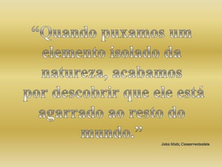 “Quando puxamos um elemento isolado da natureza, acabamos por descobrir que ele está agarrado ao resto do mundo.”John Muir, Conservacionista