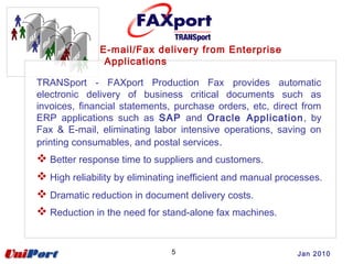 5
E-mail/Fax delivery from Enterprise
Applications
TRANSport - FAXport Production Fax provides automatic
electronic delivery of business critical documents such as
invoices, financial statements, purchase orders, etc, direct from
ERP applications such as SAP and Oracle Application, by
Fax & E-mail, eliminating labor intensive operations, saving on
printing consumables, and postal services.
 Better response time to suppliers and customers.
 High reliability by eliminating inefficient and manual processes.
 Dramatic reduction in document delivery costs.
 Reduction in the need for stand-alone fax machines.
Jan 2010
 