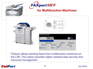for Multifunction Machines
9
FAXport allows sending faxes from multifunction machines on
the LAN. This option provides higher network data security and
improved management.
Jan 2010
 