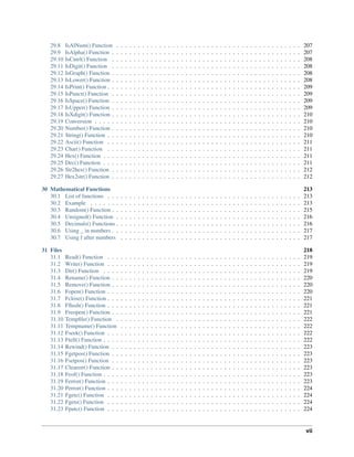 29.8 IsAlNum() Function . . . . . . . . . . . . . . . . . . . . . . . . . . . . . . . . . . . . . . . . . . . 207
29.9 IsAlpha() Function . . . . . . . . . . . . . . . . . . . . . . . . . . . . . . . . . . . . . . . . . . . . 207
29.10 IsCntrl() Function . . . . . . . . . . . . . . . . . . . . . . . . . . . . . . . . . . . . . . . . . . . . 208
29.11 IsDigit() Function . . . . . . . . . . . . . . . . . . . . . . . . . . . . . . . . . . . . . . . . . . . . 208
29.12 IsGraph() Function . . . . . . . . . . . . . . . . . . . . . . . . . . . . . . . . . . . . . . . . . . . . 208
29.13 IsLower() Function . . . . . . . . . . . . . . . . . . . . . . . . . . . . . . . . . . . . . . . . . . . . 208
29.14 IsPrint() Function . . . . . . . . . . . . . . . . . . . . . . . . . . . . . . . . . . . . . . . . . . . . . 209
29.15 IsPunct() Function . . . . . . . . . . . . . . . . . . . . . . . . . . . . . . . . . . . . . . . . . . . . 209
29.16 IsSpace() Function . . . . . . . . . . . . . . . . . . . . . . . . . . . . . . . . . . . . . . . . . . . . 209
29.17 IsUpper() Function . . . . . . . . . . . . . . . . . . . . . . . . . . . . . . . . . . . . . . . . . . . . 209
29.18 IsXdigit() Function . . . . . . . . . . . . . . . . . . . . . . . . . . . . . . . . . . . . . . . . . . . . 210
29.19 Conversion . . . . . . . . . . . . . . . . . . . . . . . . . . . . . . . . . . . . . . . . . . . . . . . . 210
29.20 Number() Function . . . . . . . . . . . . . . . . . . . . . . . . . . . . . . . . . . . . . . . . . . . . 210
29.21 String() Function . . . . . . . . . . . . . . . . . . . . . . . . . . . . . . . . . . . . . . . . . . . . . 210
29.22 Ascii() Function . . . . . . . . . . . . . . . . . . . . . . . . . . . . . . . . . . . . . . . . . . . . . 211
29.23 Char() Function . . . . . . . . . . . . . . . . . . . . . . . . . . . . . . . . . . . . . . . . . . . . . 211
29.24 Hex() Function . . . . . . . . . . . . . . . . . . . . . . . . . . . . . . . . . . . . . . . . . . . . . . 211
29.25 Dec() Function . . . . . . . . . . . . . . . . . . . . . . . . . . . . . . . . . . . . . . . . . . . . . . 211
29.26 Str2hex() Function . . . . . . . . . . . . . . . . . . . . . . . . . . . . . . . . . . . . . . . . . . . . 212
29.27 Hex2str() Function . . . . . . . . . . . . . . . . . . . . . . . . . . . . . . . . . . . . . . . . . . . . 212
30 Mathematical Functions 213
30.1 List of functions . . . . . . . . . . . . . . . . . . . . . . . . . . . . . . . . . . . . . . . . . . . . . 213
30.2 Example . . . . . . . . . . . . . . . . . . . . . . . . . . . . . . . . . . . . . . . . . . . . . . . . . 213
30.3 Random() Function . . . . . . . . . . . . . . . . . . . . . . . . . . . . . . . . . . . . . . . . . . . . 215
30.4 Unsigned() Function . . . . . . . . . . . . . . . . . . . . . . . . . . . . . . . . . . . . . . . . . . . 216
30.5 Decimals() Functions . . . . . . . . . . . . . . . . . . . . . . . . . . . . . . . . . . . . . . . . . . . 216
30.6 Using _ in numbers . . . . . . . . . . . . . . . . . . . . . . . . . . . . . . . . . . . . . . . . . . . . 217
30.7 Using f after numbers . . . . . . . . . . . . . . . . . . . . . . . . . . . . . . . . . . . . . . . . . . 217
31 Files 218
31.1 Read() Function . . . . . . . . . . . . . . . . . . . . . . . . . . . . . . . . . . . . . . . . . . . . . 219
31.2 Write() Function . . . . . . . . . . . . . . . . . . . . . . . . . . . . . . . . . . . . . . . . . . . . . 219
31.3 Dir() Function . . . . . . . . . . . . . . . . . . . . . . . . . . . . . . . . . . . . . . . . . . . . . . 219
31.4 Rename() Function . . . . . . . . . . . . . . . . . . . . . . . . . . . . . . . . . . . . . . . . . . . . 220
31.5 Remove() Function . . . . . . . . . . . . . . . . . . . . . . . . . . . . . . . . . . . . . . . . . . . . 220
31.6 Fopen() Function . . . . . . . . . . . . . . . . . . . . . . . . . . . . . . . . . . . . . . . . . . . . . 220
31.7 Fclose() Function . . . . . . . . . . . . . . . . . . . . . . . . . . . . . . . . . . . . . . . . . . . . . 221
31.8 Fﬂush() Function . . . . . . . . . . . . . . . . . . . . . . . . . . . . . . . . . . . . . . . . . . . . . 221
31.9 Freopen() Function . . . . . . . . . . . . . . . . . . . . . . . . . . . . . . . . . . . . . . . . . . . . 221
31.10 Tempﬁle() Function . . . . . . . . . . . . . . . . . . . . . . . . . . . . . . . . . . . . . . . . . . . 222
31.11 Tempname() Function . . . . . . . . . . . . . . . . . . . . . . . . . . . . . . . . . . . . . . . . . . 222
31.12 Fseek() Function . . . . . . . . . . . . . . . . . . . . . . . . . . . . . . . . . . . . . . . . . . . . . 222
31.13 Ftell() Function . . . . . . . . . . . . . . . . . . . . . . . . . . . . . . . . . . . . . . . . . . . . . . 222
31.14 Rewind() Function . . . . . . . . . . . . . . . . . . . . . . . . . . . . . . . . . . . . . . . . . . . . 223
31.15 Fgetpos() Function . . . . . . . . . . . . . . . . . . . . . . . . . . . . . . . . . . . . . . . . . . . . 223
31.16 Fsetpos() Function . . . . . . . . . . . . . . . . . . . . . . . . . . . . . . . . . . . . . . . . . . . . 223
31.17 Clearerr() Function . . . . . . . . . . . . . . . . . . . . . . . . . . . . . . . . . . . . . . . . . . . . 223
31.18 Feof() Function . . . . . . . . . . . . . . . . . . . . . . . . . . . . . . . . . . . . . . . . . . . . . . 223
31.19 Ferror() Function . . . . . . . . . . . . . . . . . . . . . . . . . . . . . . . . . . . . . . . . . . . . . 223
31.20 Perror() Function . . . . . . . . . . . . . . . . . . . . . . . . . . . . . . . . . . . . . . . . . . . . . 224
31.21 Fgetc() Function . . . . . . . . . . . . . . . . . . . . . . . . . . . . . . . . . . . . . . . . . . . . . 224
31.22 Fgets() Function . . . . . . . . . . . . . . . . . . . . . . . . . . . . . . . . . . . . . . . . . . . . . 224
31.23 Fputc() Function . . . . . . . . . . . . . . . . . . . . . . . . . . . . . . . . . . . . . . . . . . . . . 224
vii
 