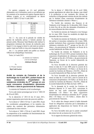N° 60 Journal Officiel de la République Tunisienne — 12 août 2011 Page 1507
Ce permis comporte un (1) seul périmètre
élémentaire soit 4 kilomètres carrés et est délimité par
les sommets et les numéros de repères figurant dans le
tableau ci-après, et ce, conformément au décret
susvisé n° 2003-1725 du 11 août 2003 :
Sommets N° de repères
1 378.354
2 380.354
3 380.352
4 378.352
1 378.354
Art. 2 - Au cours de la période de validité du
permis de recherche prévue à l'article premier du
présent arrêté, Monsieur Said Meskini doit réaliser le
programme minimum des travaux de recherche pour
lequel il s’est engagé et dont le coût total est estimé à
quatre vingt neuf mille et cinq cent cinquante dinars.
Art. 3 - Le présent arrêté sera publié au Journal
Officiel de la République Tunisienne.
Tunis, le 4 août 2011.
Le ministre de l’industrie
et de la technologie
Abdelaziz Rassaâ
Vu
Le Premier ministre
Beji Caïd Essebsi
Arrêté du ministre de l'industrie et de la
technologie du 4 août 2011, portant fusion de
deux concessions d'exploitation de
substances minérales du 4ème
groupe en une
seule concession d'exploitation dénommée
« El Hana » dans le gouvernorat de Tataouine.
Le ministre de l'industrie et de la technologie,
Vu le code minier promulgué par la loi n° 2003-30
du 28 avril 2003,
Vu le décret-loi n° 2011-14 du 23 mars 2011,
portant organisation provisoire des pouvoirs publics,
Vu le décret n° 2003-1725 du 11 août 2003, fixant
les coordonnées géographiques et les numéros des
repères des sommets des périmètres élémentaires
constituant les titres miniers.
Vu le décret n° 2003 -1726 du 11 août 2003, fixant
la composition et les modalités de fonctionnement du
comité consultatif des mines,
Vu le décret n° 2004-1026 du 26 avril 2004,
portant approbation du cahier des charges, type relatif
à la production et aux montants des travaux de
recherche et d'équipement minima devant être réalisés
par le titulaire d'une concession d'exploitation de
substances minérales classées « Mines »,
Vu l'arrêté des ministres des finances et de
l'industrie et de l'énergie du 16 décembre 2003, fixant
le droit fixe dû au titre des demandes d'institution et
de renouvellement des titres miniers.
Vu l'arrêté du ministre de l'industrie et de l'énergie
du 1er mars 2004. fixant les modalités de dépôt des
demandes des titres miniers.
Vu l'arrêté du ministre de l'industrie, de l'énergie et
des petites et moyennes entreprises du 6 mars 2008,
portant institution d'une concession d'exploitation de
substances minérales du 4ème
groupe au lieu dit « El
Hana », du gouvernorat de Tataouine, en faveur de la
société Industrielle du Plâtre du Sud,
Vu l'arrêté du ministre de l'industrie et de la
technologie du 30 avril 2010. portant institution d'une
concession d'exploitation de substances minérales du
4ème
groupe au lieu dit « El Farha », du gouvernorat de
Tataouine, en faveur de la société Industrielle du
Plâtre du Sud,
Vu l'avis favorable de la direction générale des
mines en date du 11 mai 2009, pour la cession de la
concession d'exploitation « El Hana » en faveur de la
société les Carrières de Mestawa « SLCM », filiale de
la société Industrielle de Plâtre du Sud « SIPS »,
Vu l'avis favorable de la direction générale des
mines en date du 12 avril 2011, pour la cession de la
concession d'exploitation « El Farha » en faveur de la
société les Carrières de Mestawa « SLCM », filiale de
la société Industrielle de Plâtre du Sud « SIPS »,
Vu la demande de la société les Carrières de
Mestawa déposée le 31 mars 2011, concernant la
fusion en une seule concession d'exploitation
dénommée « El Hana » les deux concessions
d'exploitation de substances minérales du 4ème
groupe
dites « El Hana » et « El Farha », situées dans le
gouvernorat de Tataouine,
Vu le cahier des charges annexé à ladite demande
fixant les obligations souscrites par le demandeur en
application des dispositions de l'article 44 du code
minier susvisé,
Vu l'avis favorable émis par le comité consultatif
des mines lors de sa réunion du 16 avril 2011,
Vu le rapport du directeur général des mines.
 