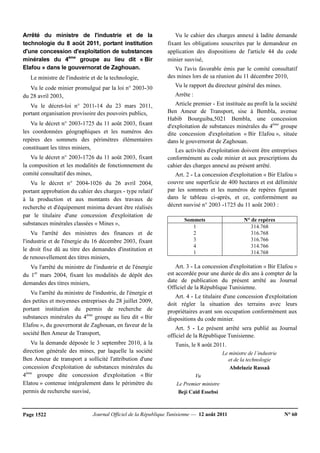 Journal Officiel de la République Tunisienne — 12 août 2011 N° 60Page 1522
Arrêté du ministre de l'industrie et de la
technologie du 8 août 2011, portant institution
d'une concession d'exploitation de substances
minérales du 4ème
groupe au lieu dit « Bir
Elafou » dans le gouvernorat de Zaghouan.
Le ministre de l'industrie et de la technologie,
Vu le code minier promulgué par la loi n° 2003-30
du 28 avril 2003,
Vu le décret-loi n° 2011-14 du 23 mars 2011,
portant organisation provisoire des pouvoirs publics,
Vu le décret n° 2003-1725 du 11 août 2003, fixant
les coordonnées géographiques et les numéros des
repères des sommets des périmètres élémentaires
constituant les titres miniers,
Vu le décret n° 2003-1726 du 11 août 2003, fixant
la composition et les modalités de fonctionnement du
comité consultatif des mines,
Vu le décret n° 2004-1026 du 26 avril 2004,
portant approbation du cahier des charges - type relatif
à la production et aux montants des travaux de
recherche et d'équipement minima devant être réalisés
par le titulaire d'une concession d'exploitation de
substances minérales classées « Mines »,
Vu l'arrêté des ministres des finances et de
l'industrie et de l'énergie du 16 décembre 2003, fixant
le droit fixe dû au titre des demandes d'institution et
de renouvellement des titres miniers,
Vu l'arrêté du ministre de l'industrie et de l'énergie
du 1er
mars 2004, fixant les modalités de dépôt des
demandes des titres miniers,
Vu l'arrêté du ministre de l'industrie, de l'énergie et
des petites et moyennes entreprises du 28 juillet 2009,
portant institution du permis de recherche de
substances minérales du 4ème
groupe au lieu dit « Bir
Elafou », du gouvernorat de Zaghouan, en faveur de la
société Ben Ameur de Transport,
Vu la demande déposée le 3 septembre 2010, à la
direction générale des mines, par laquelle la société
Ben Ameur de transport a sollicité l'attribution d'une
concession d'exploitation de substances minérales du
4ème
groupe dite concession d'exploitation « Bir
Elatou » contenue intégralement dans le périmètre du
permis de recherche susvisé,
Vu le cahier des charges annexé à ladite demande
fixant les obligations souscrites par le demandeur en
application des dispositions de l'article 44 du code
minier susvisé,
Vu l'avis favorable émis par le comité consultatif
des mines lors de sa réunion du 11 décembre 2010,
Vu le rapport du directeur général des mines.
Arrête :
Article premier - Est instituée au profit la la société
Ben Ameur de Transport, sise à Bembla, avenue
Habib Bourguiba,5021 Bembla, une concession
d'exploitation de substances minérales du 4ème
groupe
dite concession d'exploitation « Bir Elafou », située
dans le gouvernorat de Zaghouan.
Les activités d'exploitation doivent être entreprises
conformément au code minier et aux prescriptions du
cahier des charges annexé au présent arrêté.
Art. 2 - La concession d'exploitation « Bir Elafou »
couvre une superficie de 400 hectares et est délimitée
par les sommets et les numéros de repères figurant
dans le tableau ci-après, et ce, conformément au
décret susvisé n° 2003 -1725 du 11 août 2003 :
Sommets N° de repères
1 314.768
2 316.768
3 316.766
4 314.766
1 314.768
Art. 3 - La concession d'exploitation « Bir Elafou »
est accordée pour une durée de dix ans à compter de la
date de publication du présent arrêté au Journal
Officiel de la République Tunisienne.
Art. 4 - Le titulaire d'une concession d'exploitation
doit régler la situation des terrains avec leurs
propriétaires avant son occupation conformément aux
dispositions du code minier.
Art. 5 - Le présent arrêté sera publié au Journal
officiel de la République Tunisienne.
Tunis, le 8 août 2011.
Le ministre de l’industrie
et de la technologie
Abdelaziz Rassaâ
Vu
Le Premier ministre
Beji Caïd Essebsi
 