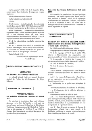 N° 60 Journal Officiel de la République Tunisienne — 12 août 2011 Page 1471
Vu le décret n° 2005-3140 du 6 décembre 2005,
portant octroi d'une indemnité de stage aux avocats
stagiaires,
Vu l'avis du ministre des finances,
Vu l'avis du tribunal administratif.
Décrète :
Article premier - Sont abrogées, les dispositions de
l'article 2 du décret n° 2005-3140 du 6 décembre 2005
susvisé, et remplacées par les dispositions suivantes :
Article 2 (nouveau) - Le montant de l'indemnité de
stage mentionnée à l'article premier du présent décret est
fixé à cent cinquante dinars par mois, servie
trimestriellement. Cette indemnité est octroyée à l'avocat
stagiaire durant une période maximale d'une année.
Art. 2 - Le présent décret prend effet à compter du
1er
août 2011.
Art. 3 - Le ministre de la justice et le ministre des
finances sont chargés, chacun en ce qui le concerne,
de l'exécution du présent décret qui sera publié au
Journal Officiel de la République Tunisienne.
Tunis, le 5 août 2011.
Le Président de la République par intérim
Fouad Mebazaâ
MINISTERE DE LA DEFENSE NATIONALE
NOMINATION
Par décret n° 2011-1099 du 6 août 2011.
Le colonel Miloud Hajji est nommé directeur
général de l'office de développement de Rjim-
Mâatoug.
MINISTERE DE L'INTERIEUR
PARTIS POLITIQUES
Par arrêté du ministre de l'intérieur du 9 août
2011.
Est autorisée la constitution d'un parti politique
dénommé : « La Voix du Tunisien ». Ledit parti est
tenu d'insérer au Journal Officiel de la République
Tunisienne l'extrait mentionné à l’alinéa 2 de l'article
8 de la loi organique n° 88-32 du 3 mai 1988 et
s'engage dans l'exercice de son activité à respecter les
lois et règlements en vigueur.
Par arrêté du ministre de l'intérieur du 9 août
2011.
Est autorisée la constitution d'un parti politique
dénommé : « L'Appel Républicain ». Ledit parti est
tenu d'insérer au Journal Officiel de la République
Tunisienne l'extrait mentionné à l’alinéa 2 de l'article
8 de la loi organique n° 88-32 du 3 mai 1988 et
s'engage dans l'exercice de son activité à respecter les
lois et règlements en vigueur.
MINISTERE DES AFFAIRES
ETRANGERES
Décret n° 2011-1100 du 5 août 2011, relatif à
l'établissement d'un bureau de l'organisation
« Santé Sud » en Tunisie.
Le Président de la République par intérim,
Sur proposition du ministre des affaires étrangères,
Vu la loi organique n° 93-80 du 26 juillet 1993,
relative à l'établissement des organisations non
gouvernementales en Tunisie et notamment son article 3,
Vu le décret-loi n° 2011-14 du 23 mars 2011,
portant organisation provisoire des pouvoirs publics,
Vu l'avis du ministre de l'intérieur,
Vu l'avis du ministre des finances.
Décrète :
Article premier – L'organisation « Santé Sud » est
autorisée à s'installer en Tunisie et à établir un bureau
à Tunis.
Art. 2 – Le bureau de l'organisation « Santé Sud »
est une organisation non gouvernementale, à but non
lucratif, œuvrant pour :
- l'amélioration de la qualité des prestations de
santé,
- le soutien de l'enfance et des mères en difficultés,
- le développement de la médecine générale en
première ligne,
- l'appui des systèmes de soins de santé.
Art. 3 – Le bureau de l'organisation « Santé Sud »
jouit de la personnalité juridique, peut conclure des
contrats, ester en justice, acquérir et vendre les biens
meubles et immeubles, et ce, conformément aux lois
et règlements en vigueur en Tunisie.
Art. 4 - Les dirigeants et agents du bureau de
l'organisation « Santé Sud » sont soumis à la
législation tunisienne en vigueur en ce qui concerne
leurs conditions de séjour et de travail.
 
