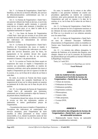 Journal Officiel de la République Tunisienne — 12 août 2011 N° 60Page 1472
Art. 5 – Le bureau de l'organisation « Santé Sud »
bénéficie, au titre de sa mission officielle, des services
de télécommunications conformément aux lois et
règlements en vigueur.
Art. 6 - Le bureau de l'organisation « Santé Sud »
est autorisé à détenir des fonds en devises, à ouvrir des
comptes en n'importe quelle monnaie, à convertir
toute devise en toute autre monnaie, à transférer ses
avoirs à un autre pays, et ce, dans le cadre de la
législation tunisienne en vigueur.
Art. 7 - Les biens du bureau de l'organisation
« Santé Sud » ainsi que ses revenus et ses avoirs sont
exonérés de tout impôt direct ou indirect, à l'exception
des redevances en rémunération de services
particuliers rendus.
Art. 8 – Le bureau de l'organisation « Santé Sud »
bénéficie de l'exonération des taxes et impôts à
l'importation, à l'exception des redevances en contre-
partie des services douaniers, pour les biens, les
équipements et les produits devant être acquis
localement ou importés au titre de ses activités,
énumérés à l'annexe 1 du présent décret.
Art. 9 - La cession en Tunisie des biens acquis en
suspension des taxes et impôts à l'importation est
soumise aux procédures applicables en matière de
commerce extérieur, ainsi qu'au paiement des taxes et
impôts à l'importation qui sont en vigueur à la date de
la cession, et ce, sur la base de la valeur de ces biens à
cette date.
En outre, la cession en Tunisie des biens acquis
localement auprès des assujettis bénéficiant de la
suspension de la taxe sur la valeur ajoutée est soumise
au paiement de la dite taxe sur la base du prix de la
cession.
Art. 10 - Les dirigeants du bureau de l'organisation
« Santé Sud » de nationalité non tunisienne,
mentionnés sur la liste nominative objet de l'annexe 2
du présent décret, bénéficient de :
- l'exonération durant leur séjour, de tout impôt sur
le revenu au titre des traitements, salaires et
indemnités et autres gratifications perçus de
l'organisation,
- l'exonération des taxes et impôts à l'importation, à
l'exception des redevances en contre-partie des
services douaniers, pour l'importation de leurs
meubles et effets personnels et d'une voiture
renouvelable, et ce, durant la première année de leur
installation en Tunisie en vue de l'exercice de leurs
fonctions.
En outre, le transfert de la voiture et des effets
importés à une personne résidente est soumis aux
procédures applicables en matière de commerce
extérieur, ainsi qu'au paiement des taxes et impôts à
l'importation qui sont en vigueur à la date de la
cession, et ce, sur la base de la valeur de ces biens à
cette date.
Art. 11 - Le bureau de l'organisation « Santé Sud »
est tenu de respecter les lois et règlements tunisiens et
de s'abstenir de toute action préjudiciable aux intérêts
de l'Etat ou à sa sécurité ou à ses relations amicales
avec les autres Etats.
Art. 12 – Le bureau de l'organisation « Santé Sud »
est tenu de s'abstenir d'accepter l'affiliation
d'associations et d'organisations créées ou installées en
Tunisie sans l'autorisation préalable du ministre de
l'intérieur.
Art. 13 - Le ministre des affaires étrangères, le
ministre de l'intérieur, et le ministre des finances, sont
chargés, chacun en ce qui le concerne, de l'exécution
du présent décret qui sera publié au Journal Officiel de
la République Tunisienne.
Tunis, le 5 août 2011.
Le Président de la République par intérim
Fouad Mebazaâ
ANNEXE I
Liste du matériel et des équipements
nécessaires à l'activité du bureau de
l'organisation « Santé Sud » en Tunisie
- 1 Voiture de tourisme,
- 3 Ordinateurs de bureau,
- 2 Ordinateurs portables,
- 2 Imprimantes couleurs,
- 1 Photocopieuse,
- 1 Camera vidéo,
- 1 Vidéo projecteur,
- 1 Lecteur DVD,
- 1 Fax.
ANNEXE II
Liste nominative des dirigeants du bureau de
l'organisation « Santé Sud » qui ne sont pas
de nationalité tunisienne
- Mademoiselle Aurore Faivre, de nationalité
Française, coordonnatrice nationale.
 