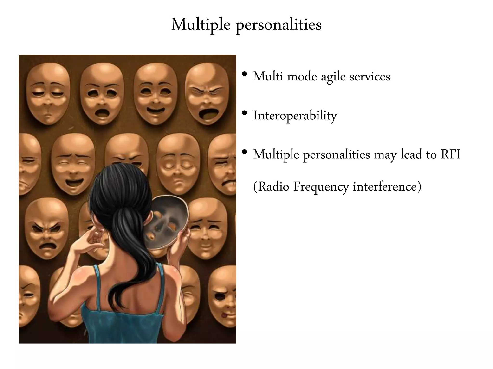 Multiple personalities
• Multi mode agile services
• Interoperability
• Multiple personalities may lead to RFI
(Radio Frequency interference)
 