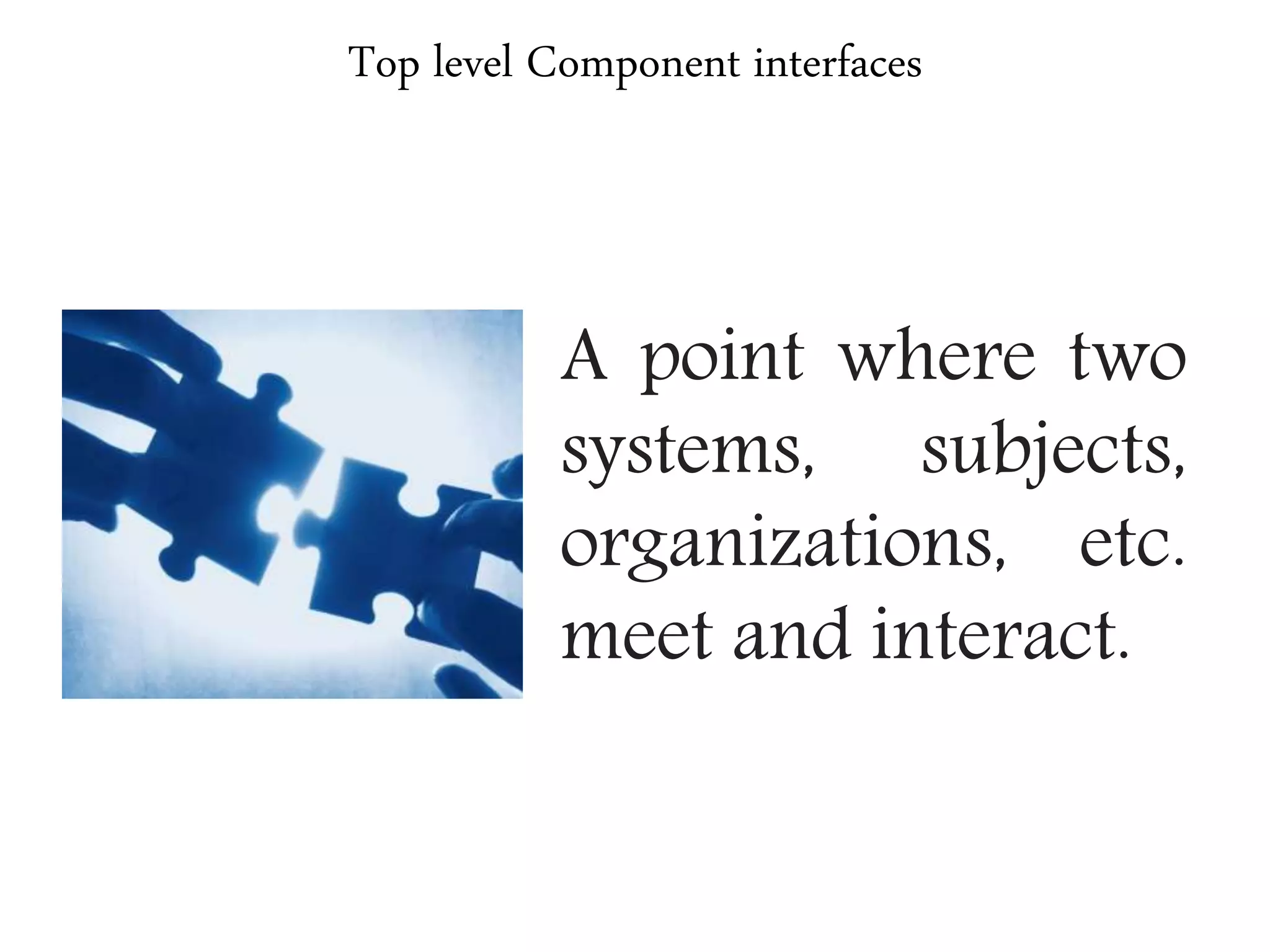 Top level Component interfaces
A point where two
systems, subjects,
organizations, etc.
meet and interact.
 