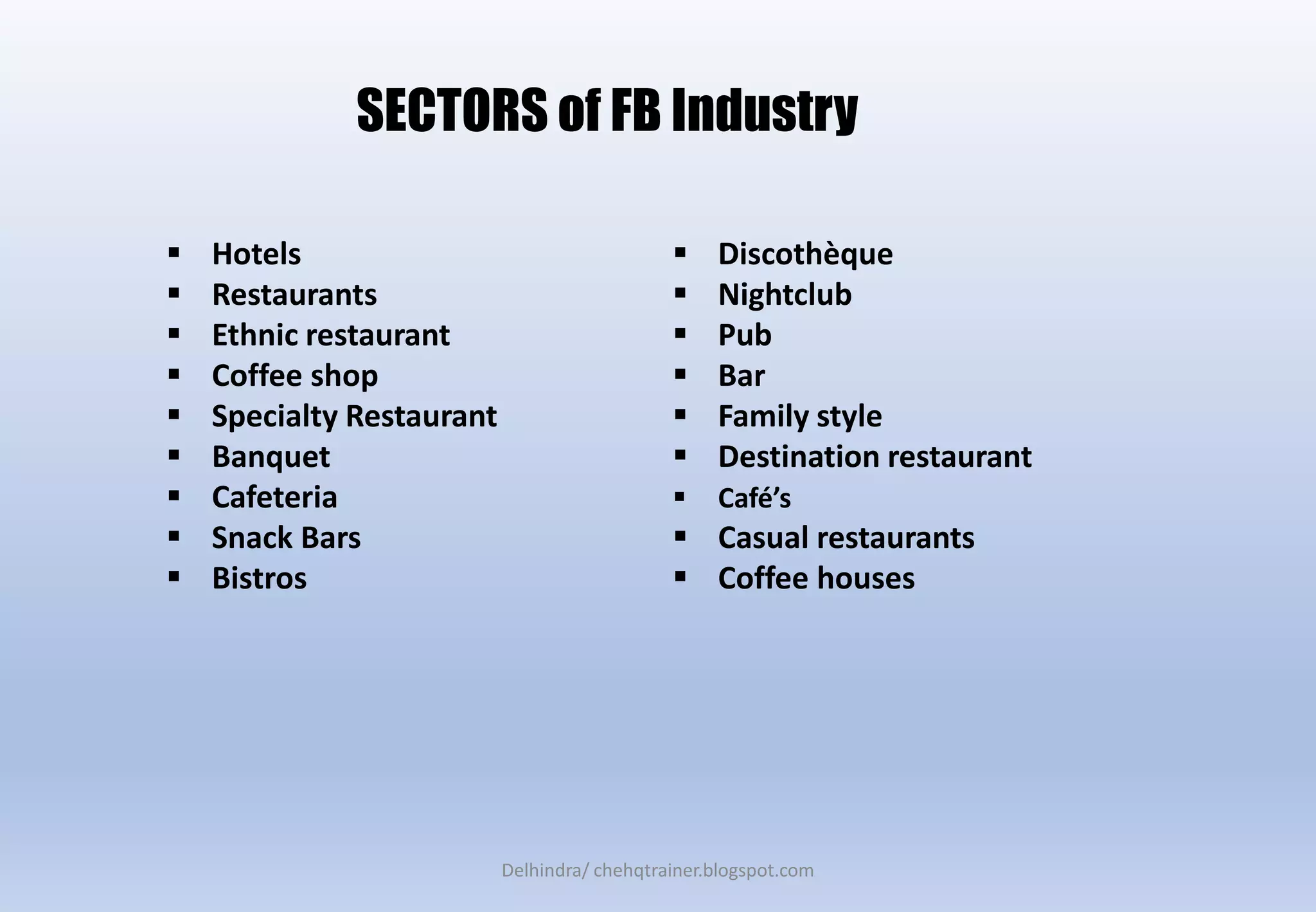 SECTORS of FB Industry
 Hotels
 Restaurants
 Ethnic restaurant
 Coffee shop
 Specialty Restaurant
 Banquet
 Cafeteria
 Snack Bars
 Bistros
 Discothèque
 Nightclub
 Pub
 Bar
 Family style
 Destination restaurant
 Café’s
 Casual restaurants
 Coffee houses
Delhindra/ chehqtrainer.blogspot.com
 