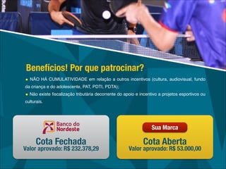 • NÃO HÁ CUMULATIVIDADE em relação a outros incentivos (cultura, audiovisual, fundo
da criança e do adolescente, PAT, PDTI, PDTA);!
• Não existe ﬁscalização tributária decorrente do apoio e incentivo a projetos esportivos ou
culturais.
Benefícios! Por que patrocinar?
Cota Fechada
Valor aprovado: R$ 232.378,29
Cota Aberta
Valor aprovado: R$ 53.000,00
Sua Marca
 