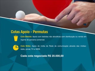 Cota Bebida: Apoio com bebidas não alcoólicas com distribuição ou venda em
regime de parceria comercial. !
!
Cota Mídia: Apoio de mídia de Rede de comunicação através das mídias:
rádio, jornal, TV e WEB.!
!
Cada cota negociada R$ 20.000,00
Cotas Apoio - Permutas
 
