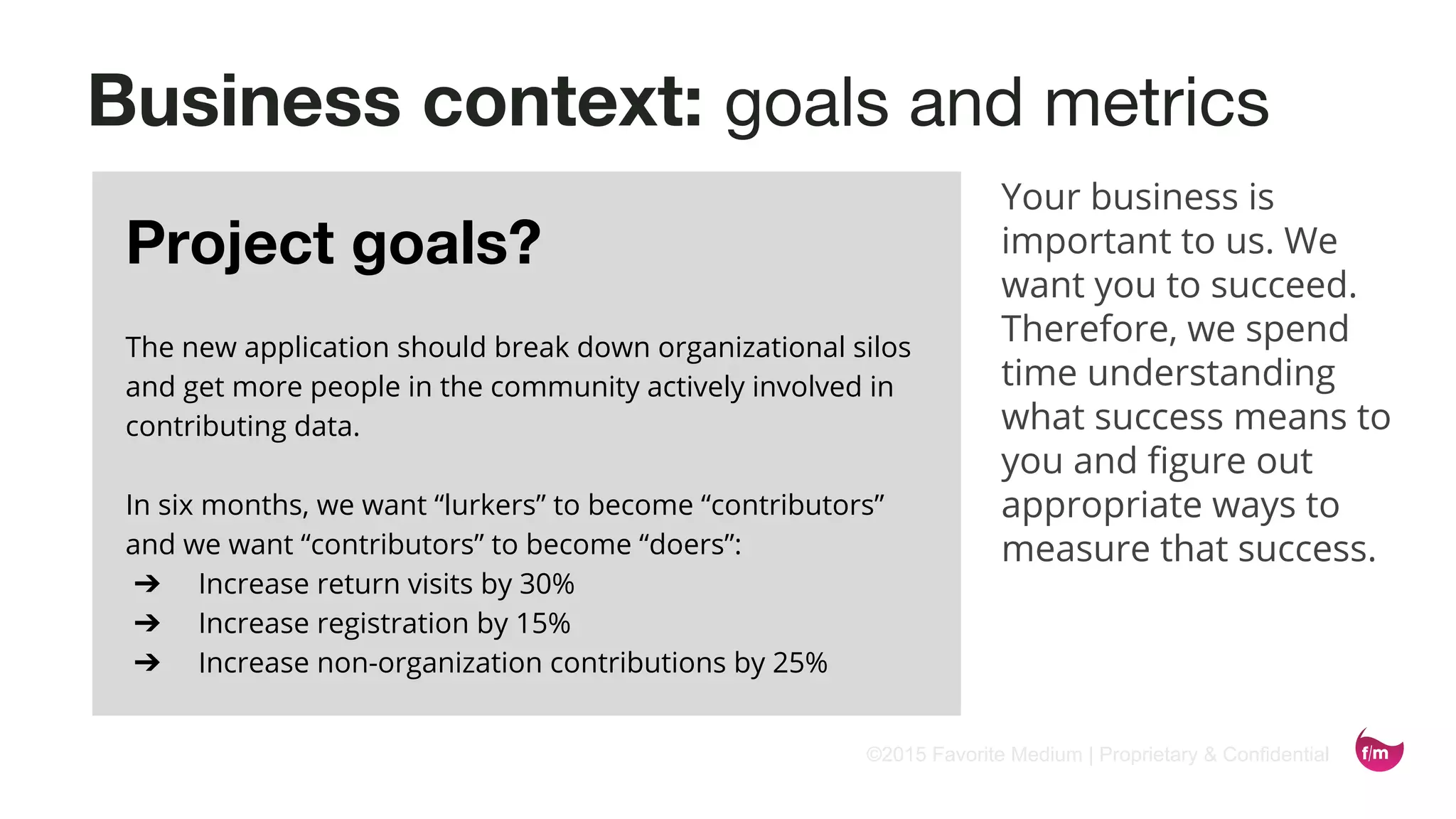 ©2015 Favorite Medium | Proprietary & Confidential
Business context: goals and metrics
Why she’s valuable
She will likely be an early adopter, bringing all her
friends with her.
What motivates her
She doesn’t have time to waste, so she wants an easy
way to have real, unedited conversations with her
close friends.
Why she’s over Facebook
She’s sick of fake “conversations” with fake “friends”.
What she needs from our product
“I have many ‘friends’, but the friends I hang out with
every weekend I want to have real conversations
with. Also with my family and my French study group,
because I don’t have time to stalk them on Facebook.
I don’t want to observe, I want to really talk to them.”
Jessica, 20
desperately
seeking
authenticity
Your business is
important to us. We
want you to succeed.
Therefore, we spend
time understanding
what success means to
you and figure out
appropriate ways to
measure that success.
The new application should break down organizational silos
and get more people in the community actively involved in
contributing data.
In six months, we want “lurkers” to become “contributors”
and we want “contributors” to become “doers”:
➔ Increase return visits by 30%
➔ Increase registration by 15%
➔ Increase non-organization contributions by 25%
Project goals?
 