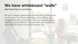 ©2015 Favorite Medium | Proprietary & Confidential
We have whiteboard “walls”
And know how to use them.
We use in-depth stakeholder worksessions to jump-start
our process. You know more than anyone about your
competition, your consumers, and your business goals.
And for us to be effective, we work with you so that we
can know all of that crucial information, too.
 