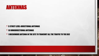 ANTENNAS
• 5 STREET LEVEL-DIRECTIONAL ANTENNAS
• 10 OMNIDIRECTIONAL ANTENNAS
• 1 MICROWAVE ANTENNA IN THE SITE TO TRANSMIT ALL THE TRAFFIC TO THE BSC
 