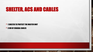 SHELTER, ACS AND CABLES
• 1 SHELTER TO PROTECT THE MASTER UNIT
• 3 KM OF COAXIAL CABLES
 