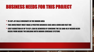 BUSINESS NEEDS FOR THIS PROJECT
• 70-80% OF CALLS ORIGINATE IN THE INDOOR AREA
• THIS INVESTMENT MUST MAKE A POSITIVE BUSINESS CASE AND A GOOD AND FAST ROI
• COST REDUCTION OF UP TO 65% CAN BE ACHIEVED BY COVERING THE 3G (AND 4G IF NEEDED ALSO)
USERS FROM INSIDE THE BUILDING WITH INDOOR COVERAGE SYSTEMS
 